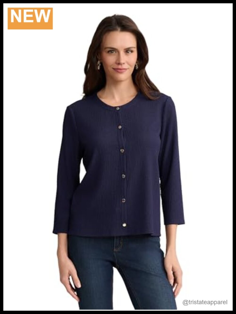 Jones New York Womens Three-Quarter Sleeve Button Front Top